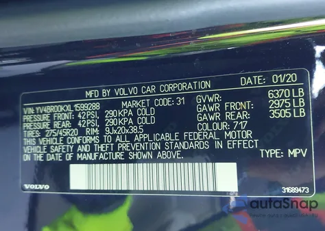 2020 Volvo Xc90 Hybrid T8 Momentum 6 Passenger z USA, uszkodzony, nr VIN YV4BR00KXL1599288